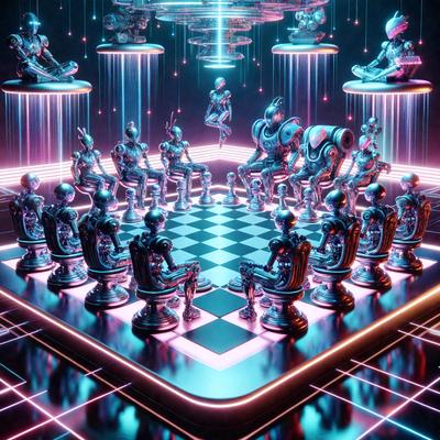 The primary subject of the image is a group of robots sitting on chairs in a room. The setting appears to be a futuristic environment, possibly a club or a gathering place for these robotic beings. The visual style of the image is digital art, with the robots and chairs being depicted in a vibrant and colorful manner. The dominant colors in the image are blue and pink, creating a lively and energetic atmosphere.